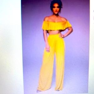 Yellow pants set, off shoulder crop top with wide leg pants, XXL
